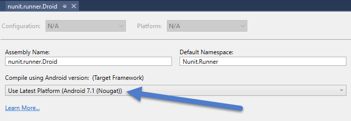 NUnit Xamarin Droid Project Uses Default Android Version
