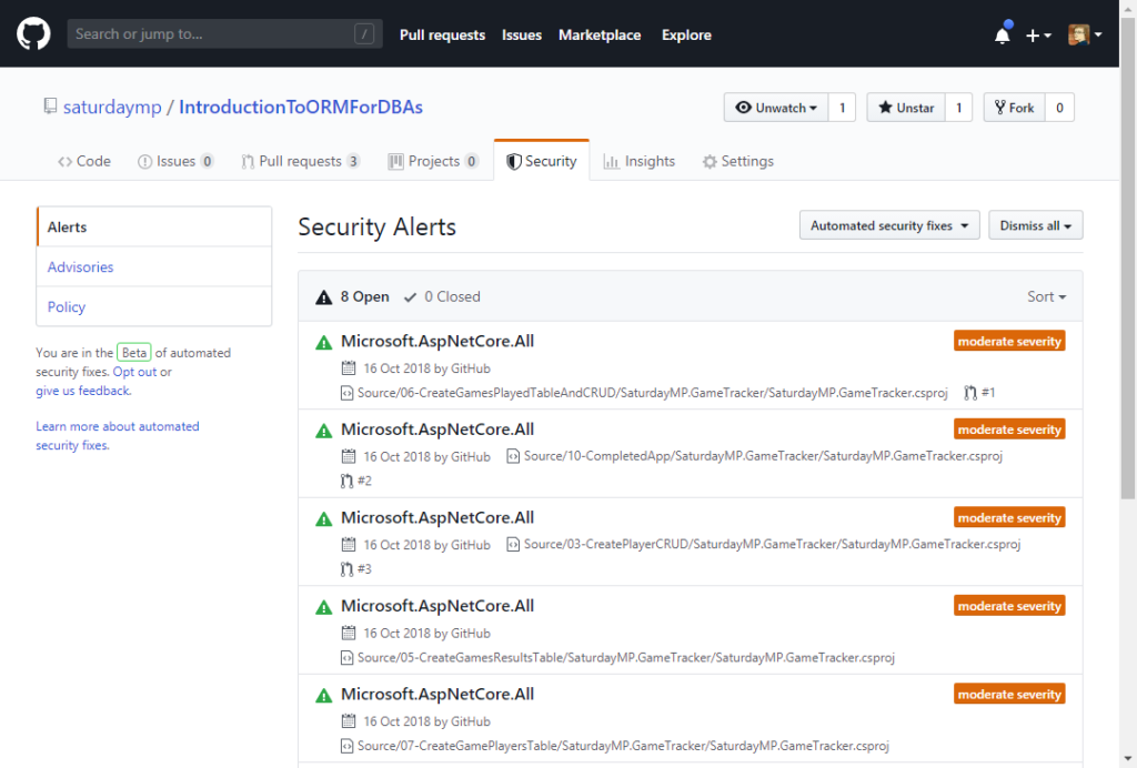 List of Security Alerts in GitHub