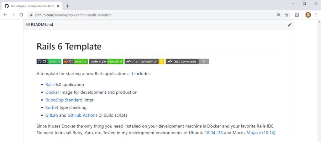 Screen shot of Rails Template GitHub page.